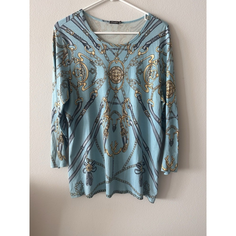 J McLaughlin Silk Blend Top Size XL Equestrian Print Blue Belts Chains Pullover